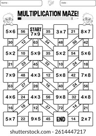 Multiplication maze puzzle page for children