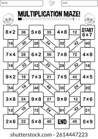 Multiplication maze puzzle page for children