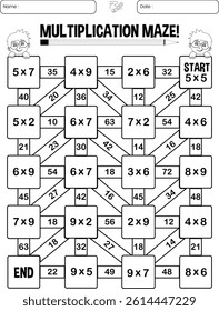 Multiplication maze puzzle page for children