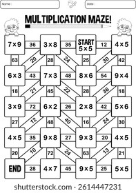 Multiplication maze puzzle page for children