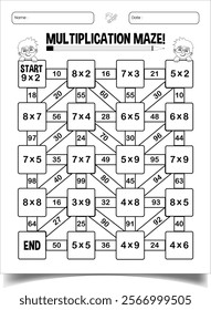 Multiplication maze puzzle worksheet for children