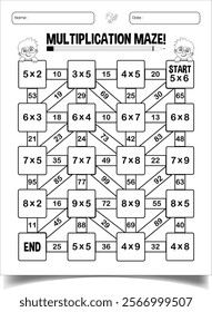 Multiplication maze puzzle worksheet for children