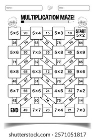 Multiplication maze puzzle worksheet for kids fun