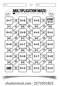 Multiplication maze puzzle worksheet for kids fun