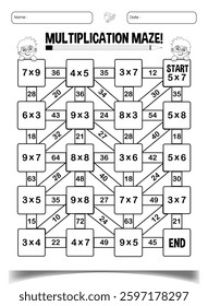 Multiplication maze puzzle worksheets for children