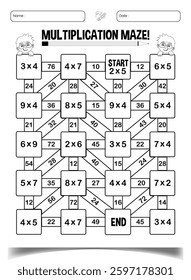 Multiplication maze puzzle worksheets for children