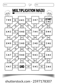 Multiplication maze puzzle worksheets for children