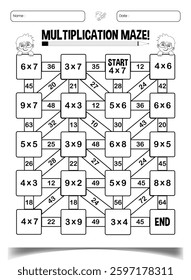 Multiplication maze puzzle worksheets for children