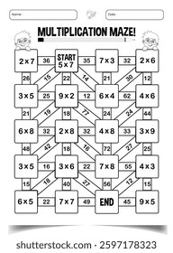 Multiplication maze puzzle worksheets for children
