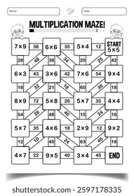 Multiplication maze puzzle worksheets for children