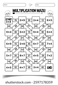 Multiplication maze puzzle worksheets for children