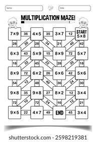 Multiplication maze puzzle worksheets for children