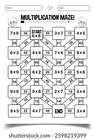 Multiplication maze puzzle worksheets for children