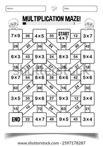 Multiplication maze puzzle worksheets for children