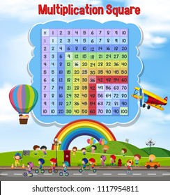 Multiplication Square With Children Playing Illustration