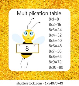 Multiplication Square. School vector illustration with bee. Multiplication Table. Poster for kids education. Maths child card.