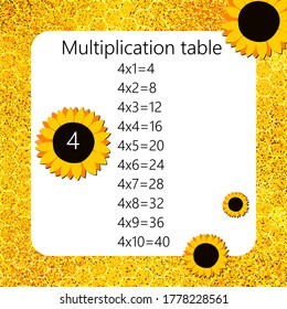 Multiplication Square. School vector illustration with sunflowers and honeycomb shapes. Multiplication Table. Poster for kids education. Maths child card.