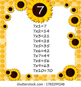Multiplication Square. School vector illustration with sunflowers and honeycomb shapes. Multiplication Table. Poster for kids education. Maths child card.