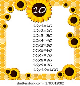 Multiplication Square. School vector illustration with sunflowers and honeycomb shapes. Multiplication Table. Poster for kids education. Maths child card.