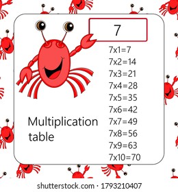 Multiplication Square. School vector illustration with crab. Multiplication Table. Poster for kids education. Maths child card.