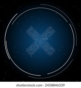 The multiplication symbol filled with white dots. Pointillism style. Some dots is red. Vector illustration on blue background with stars
