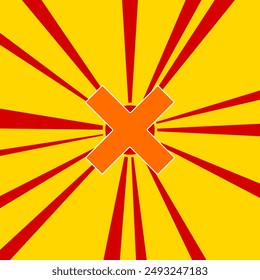 Símbolo de multiplicación sobre un fondo de líneas radiales de explosión de destello rojo. Un Grande símbolo naranja se encuentra en el centro de la salida del sol. Ilustración vectorial sobre fondo amarillo