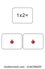 Multiplikationstabelle von 1. Mathematik Karte mit einem Beispiel, Zeichnung. Multiplikationsplatz, Vektorgrafik. Druckerzeugnisse, Banner, Tisch für Kinder, Schulkinder. Schulbildung, logische Aufgabe