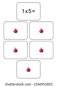 Multiplication table of 1. Maths card with an example, drawing. Multiplication Square, vector illustration. Printed products, banner, table for children, schoolchildren. School education, logical task