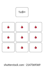 Multiplication table of 1. Maths card with an example, drawing. Multiplication Square, vector illustration. Printed products, banner, table for children, schoolchildren. School education, logical task