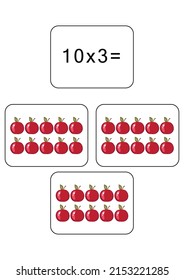 Multiplication table of 10. Maths card with an example, drawing. Multiplication Square, vector illustration. Printed products, banner, table for children, schoolchildren. School education.