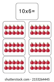 Multiplication table of 10. Maths card with an example, drawing. Multiplication Square, vector illustration. Printed products, banner, table for children, schoolchildren. School education.