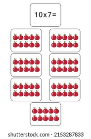 Multiplication table of 10. Maths card with an example, drawing. Multiplication Square, vector illustration. Printed products, banner, table for children, schoolchildren. School education. 