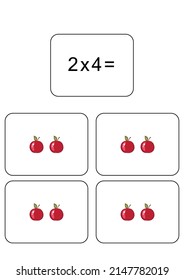 Multiplication table of 2. Maths card with an example, drawing. Multiplication Square, vector illustration. Printed products, banner, table for children, schoolchildren. School education, logical task