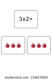 Multiplication table of 3. Maths card with an example, drawing. Multiplication Square, vector illustration. Printed products, banner, table for children, schoolchildren. School education, logical task