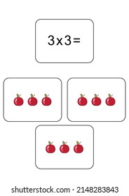 Multiplication table of 3. Maths card with an example, drawing. Multiplication Square, vector illustration. Printed products, banner, table for children, schoolchildren. School education, logical task