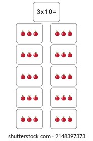 Multiplication table of 3. Maths card with an example, drawing. Multiplication Square, vector illustration. Printed products, banner, table for children, schoolchildren. School education, logical task
