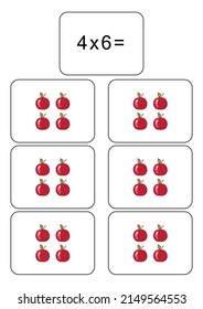 Multiplication table of 4. Maths card with an example, drawing. Multiplication Square, vector illustration. Printed products, banner, table for children, schoolchildren. School education, logical task