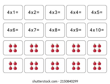 Multiplication table of 4. Maths card with an example, drawing. Multiplication Square, vector illustration. Printed products, banner, table for children, schoolchildren. School education, logical task