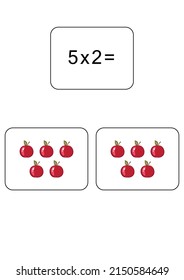 Multiplication table of 5. Maths card with an example, drawing. Multiplication Square, vector illustration. Printed products, banner, table for children, schoolchildren. School education, logical task