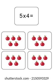 Multiplication table of 5. Maths card with an example, drawing. Multiplication Square, vector illustration. Printed products, banner, table for children, schoolchildren. School education, logical task