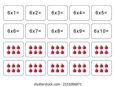 Multiplication table of 6. Maths card with an example, drawing. Multiplication Square, vector illustration. Printed products, banner, table for children, schoolchildren. School education, logical task