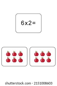 Multiplication table of 6. Maths card with an example, drawing. Multiplication Square, vector illustration. Printed products, banner, table for children, schoolchildren. School education, logical task