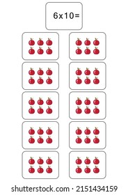 Multiplication table of 6. Maths card with an example, drawing. Multiplication Square, vector illustration. Printed products, banner, table for children, schoolchildren. School education, logical task