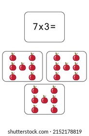 Multiplication table of 7. Maths card with an example, drawing. Multiplication Square, vector illustration. Printed products, banner, table for children, schoolchildren. School education, logical task