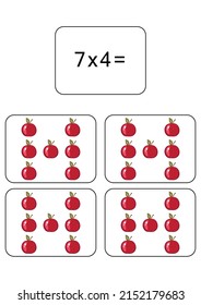 Multiplication table of 7. Maths card with an example, drawing. Multiplication Square, vector illustration. Printed products, banner, table for children, schoolchildren. School education, logical task