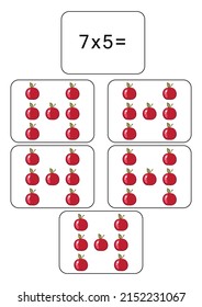 Multiplication table of 7. Maths card with an example, drawing. Multiplication Square, vector illustration. Printed products, banner, table for children, schoolchildren. School education, logical task