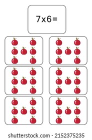 Multiplication table of 7. Maths card with an example, drawing. Multiplication Square, vector illustration. Printed products, banner, table for children, schoolchildren. School education, logical task