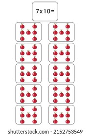 Multiplication table of 7. Maths card with an example, drawing. Multiplication Square, vector illustration. Printed products, banner, table for children, schoolchildren. School education. 