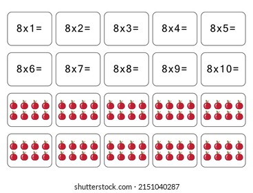 Multiplication table of 8. Maths card with an example, drawing. Multiplication Square, vector illustration. Printed products, banner, table for children, schoolchildren. School education, logical task