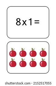 Multiplication table of 8. Maths card with an example, drawing. Multiplication Square, vector illustration. Printed products, banner, table for children, schoolchildren. School education, logical task
